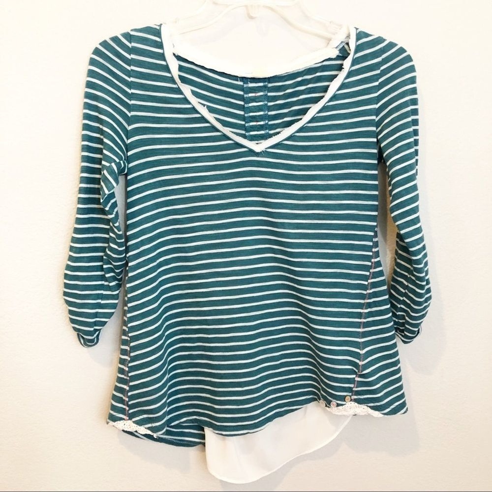 Meadow Rue Anthropologie Teal Striped Lace Back V-Neck Knit Top XS